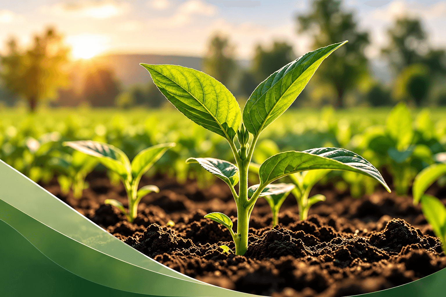 Young crop seedling growing in rich soil at sunrise