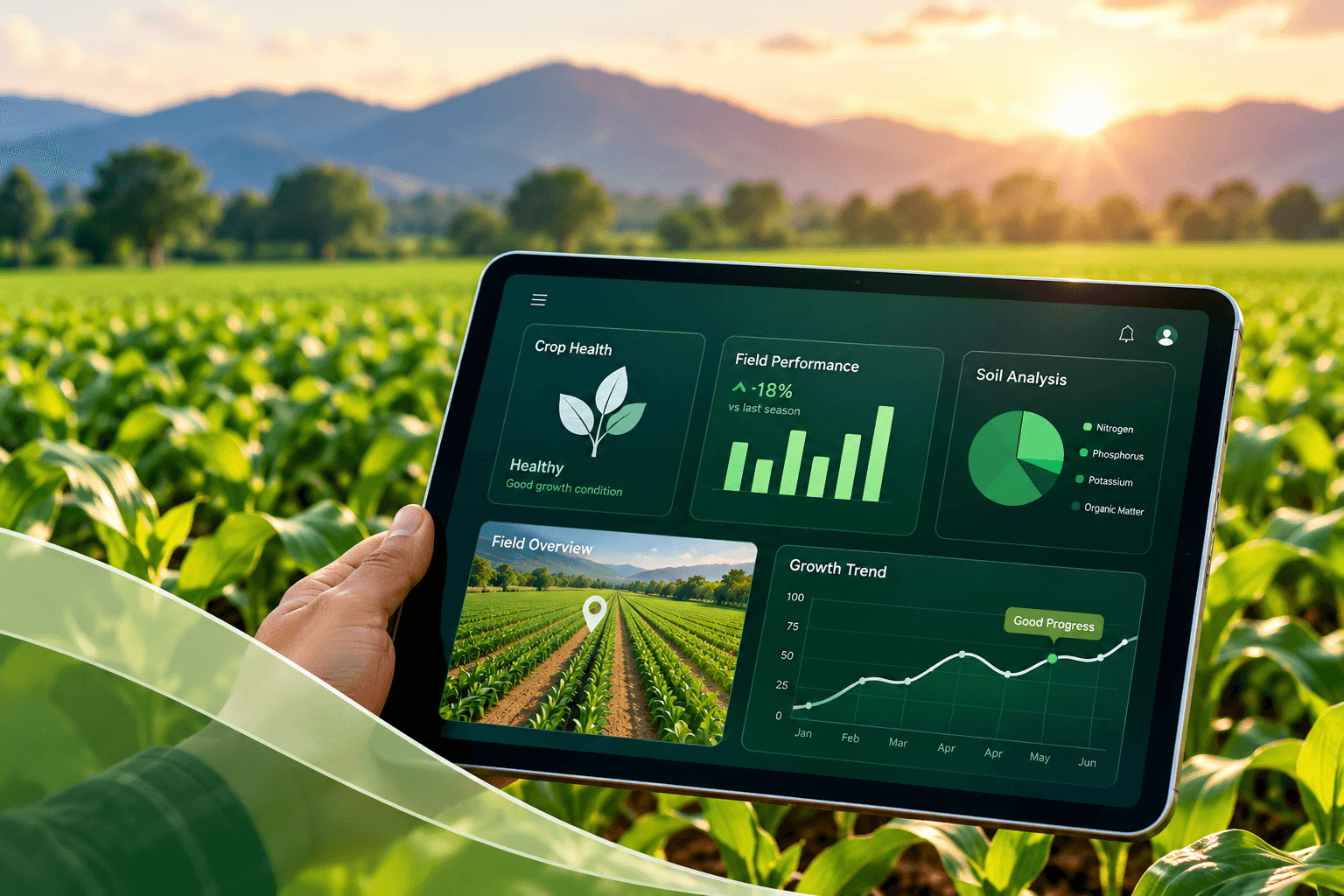 Farmer viewing crop health and soil analysis on a tablet in the field