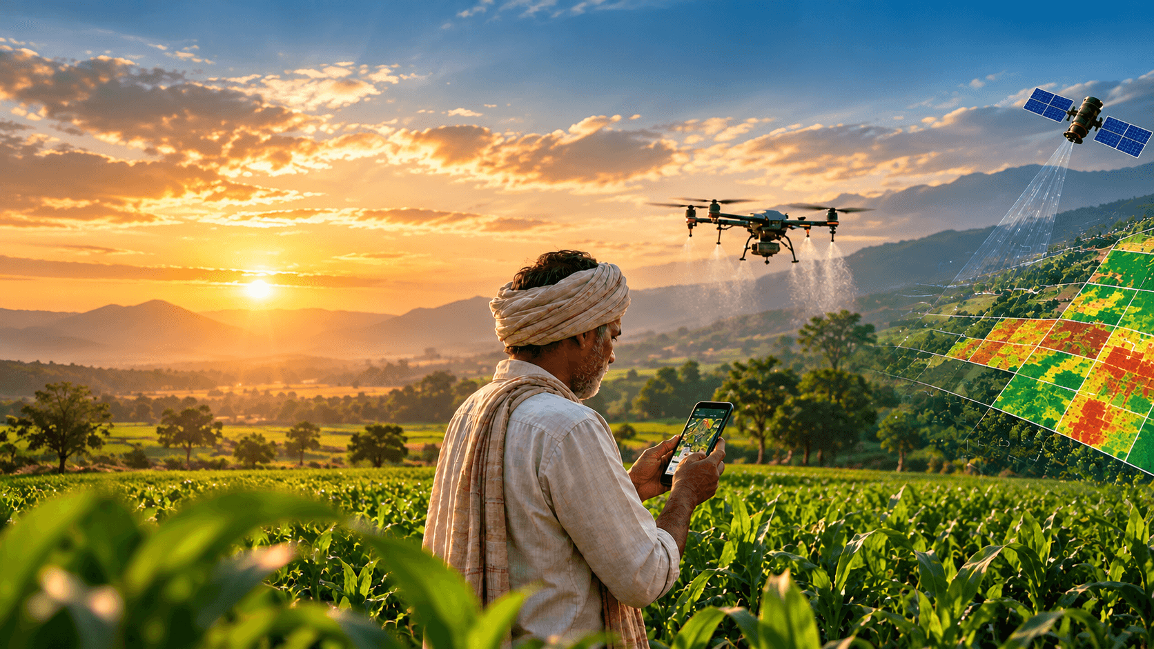 Indian farmer checking crop data on a phone at sunrise, with a drone and satellite field map
