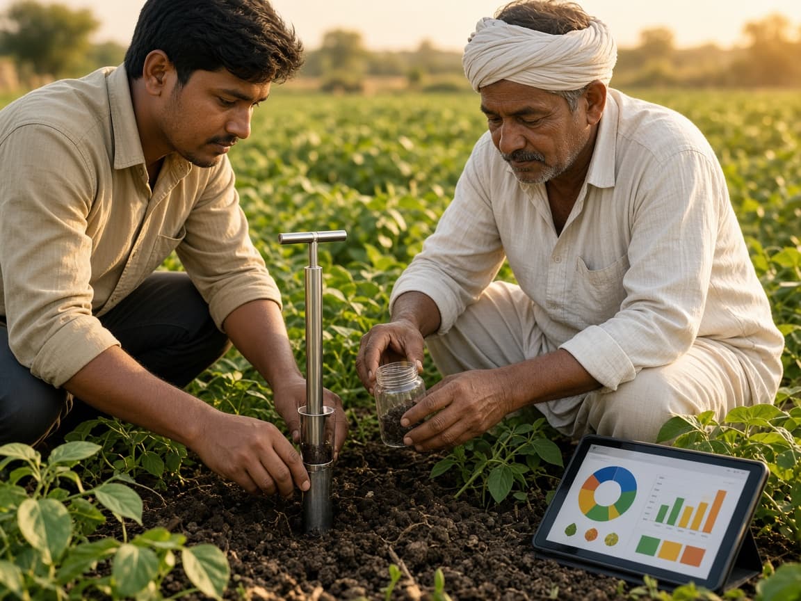 Agronomist and farmer collecting a soil sample with a soil probe and reviewing pH and nutrient data on a tablet