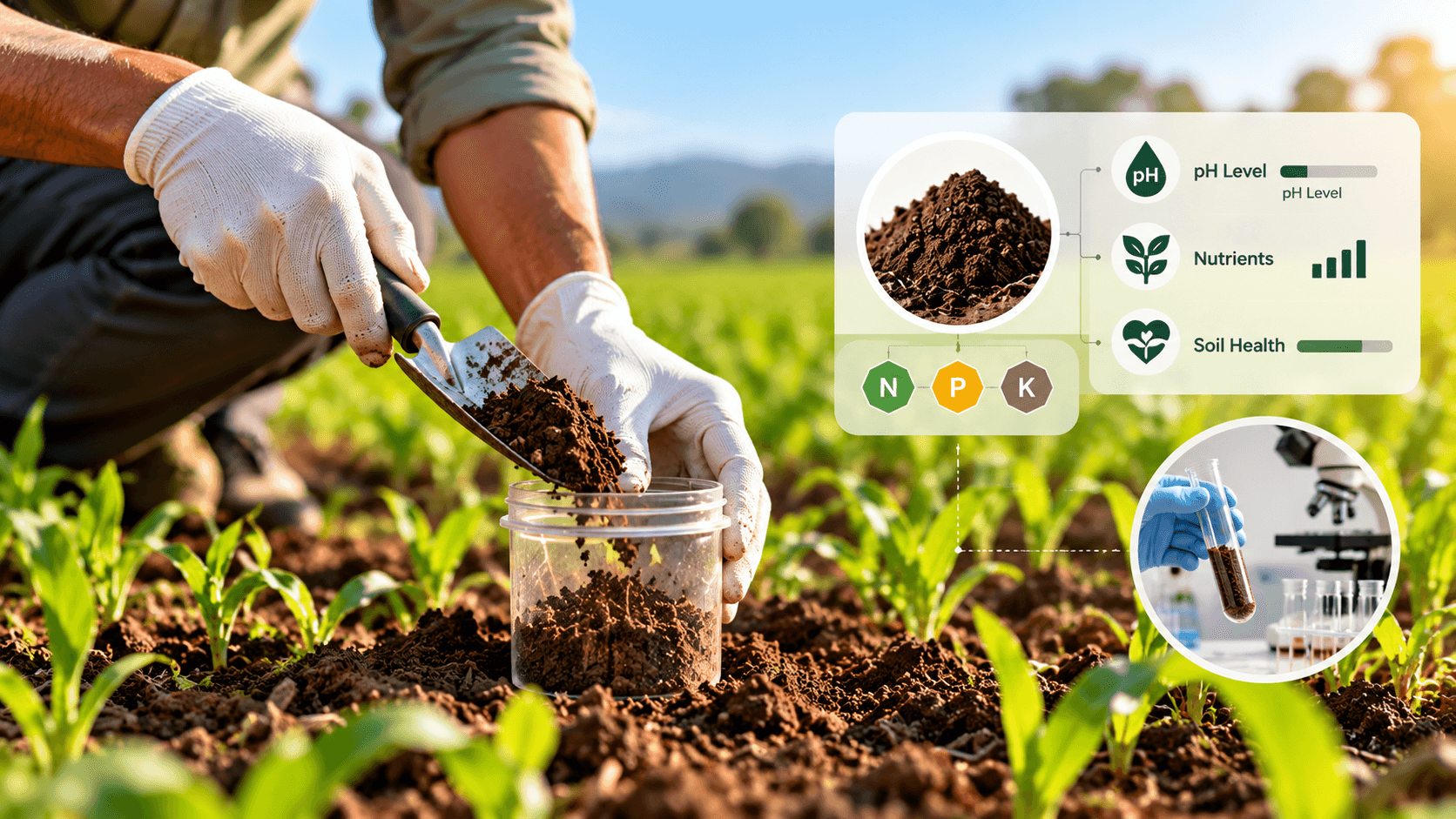 Soil sample being collected in the field and tested for pH, nutrients and soil health