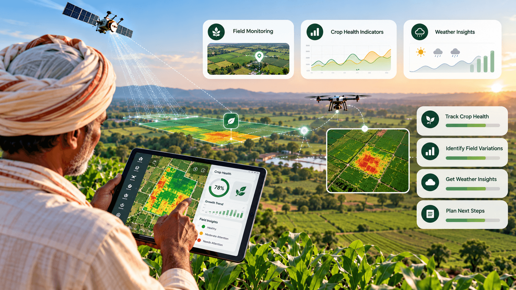 Farmer monitoring crop health indicators from satellite and drone data on a tablet