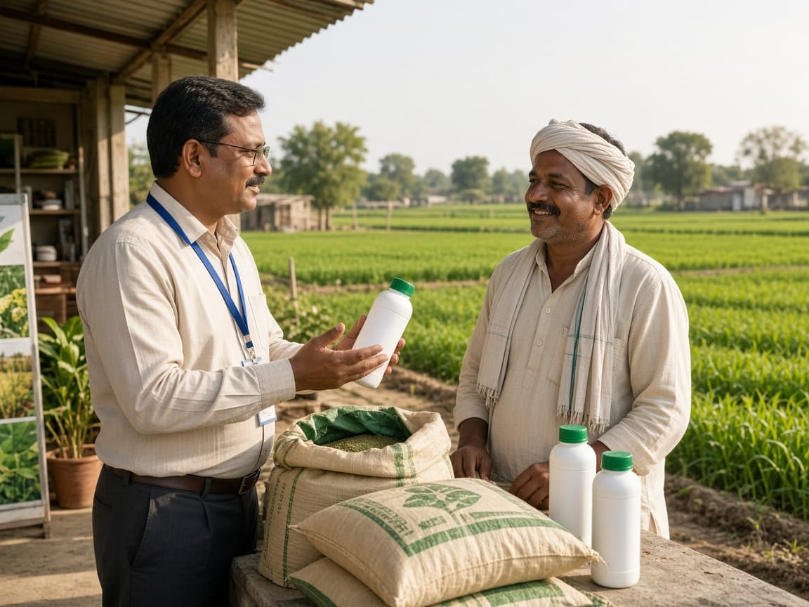 Agronomist showing recommended fertilizers and crop nutrition inputs to a farmer at a service centre