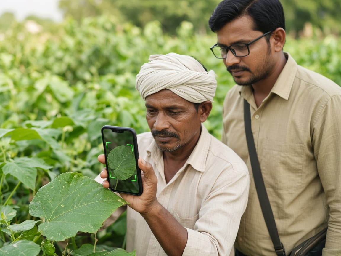 Farmer and agronomist scanning a crop leaf with a smartphone for AI-assisted crop health analysis