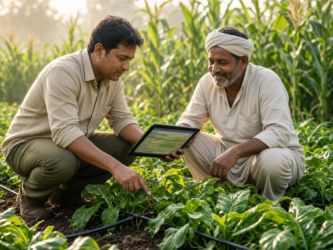 Agronomist and farmer reviewing crop-stage nutrition and drip irrigation guidance in the field